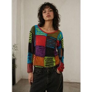 Patchwork Bohemian Grunge Top Indie Colorful Jersey Artsy Size XL Distressed